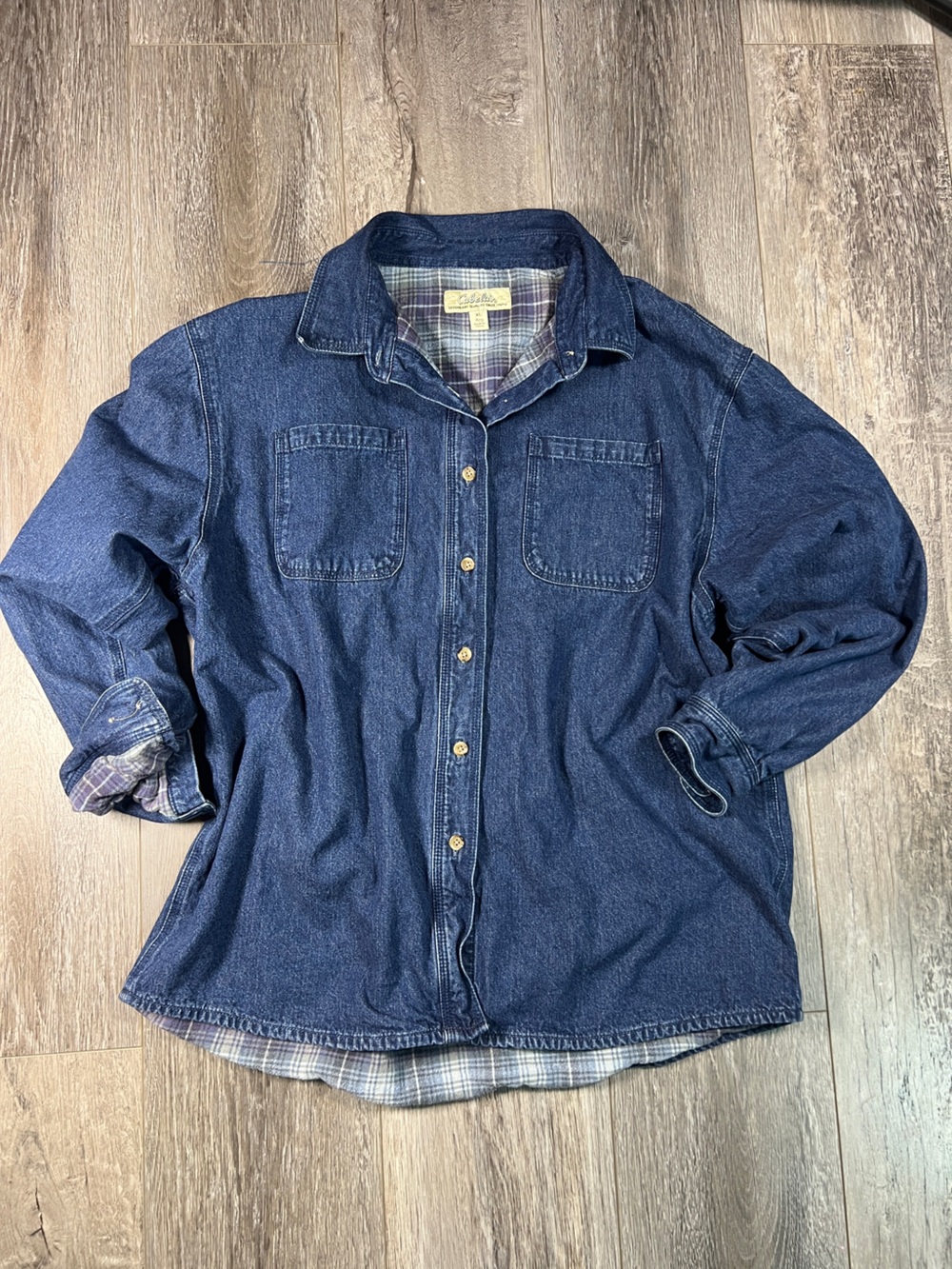 Cabela's Denim Shirt Jacket Womens XL Flannel Lined Blue Button Front Shacket